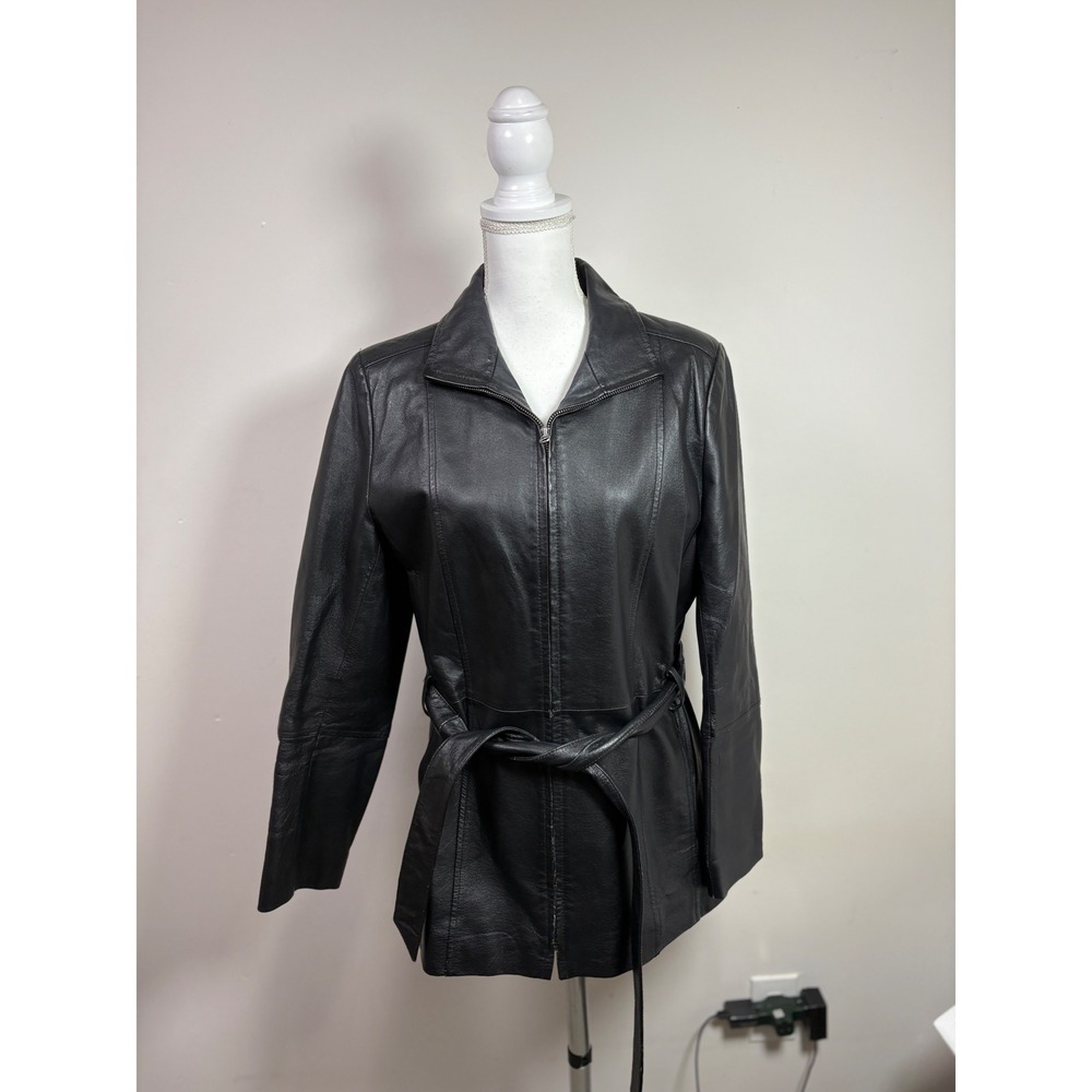 Croft & Barrow Womens Black Leather Belted Zip Up Jacket Size M Collared Coat